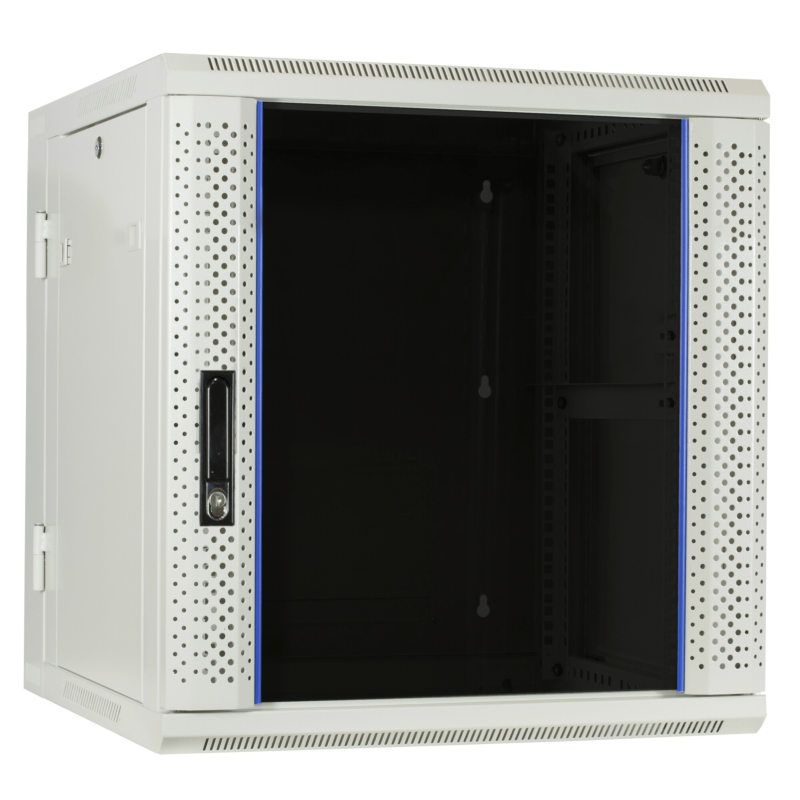Armário de parede branco de 12U (inclinável) com porta de vidro 600x600x635mm (LxPxA)