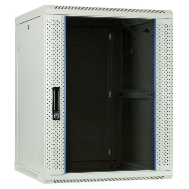 Armário de parede branco de 15U com porta de vidro, 600x600x770mm (LxPxA)
