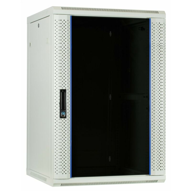 Armário de parede branco de 18U com porta de vidro, 600x600x900mm (LxPxA)