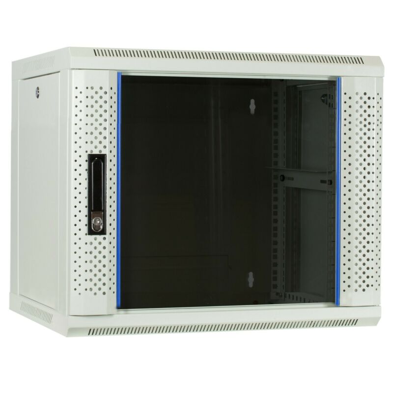 Armário de parede branco 9U com porta de vidro 600x450x500mm (LxPxA)