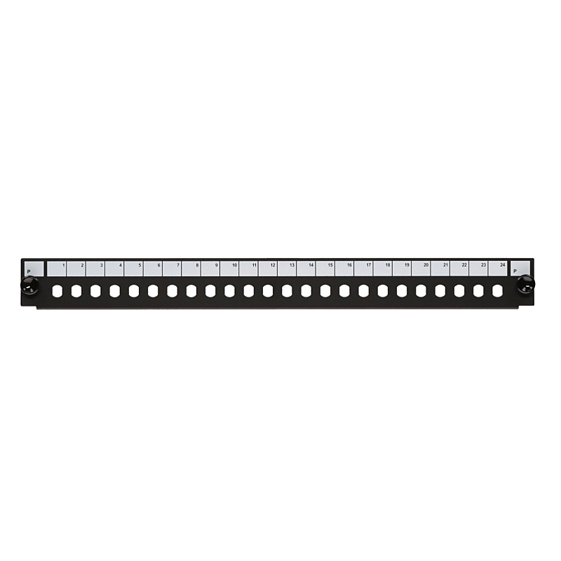 Painel frontal ST de 24 portas preto, adequado para bandeja de fibra universal.