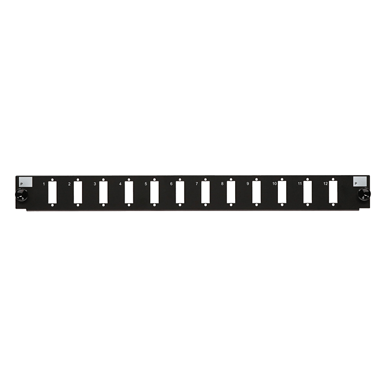 Conector frontal LC/SC de 12 portas, preto, quad/duplex, adequado para bandeja de fibra universal.