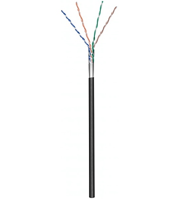 Cabo CAT5e FTP de 100m para utilização no exterior, em bobine, flexível, preto, com certificação CCA.