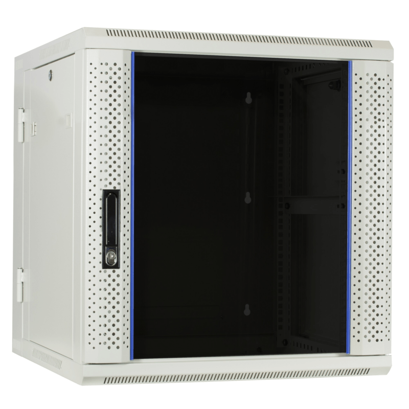 Armário de parede branco de 12U (inclinável) com porta de vidro 600x600x635mm (LxPxA)