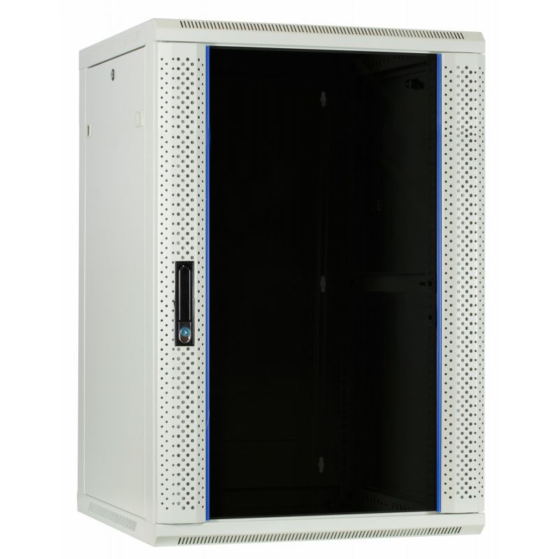 Armário de parede branco de 18U com porta de vidro, 600x600x900mm (LxPxA)