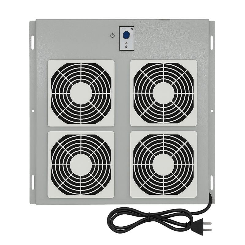 Kit de ventilação com 4 ventoinhas e termóstato, adequado para armários de servidores externos.