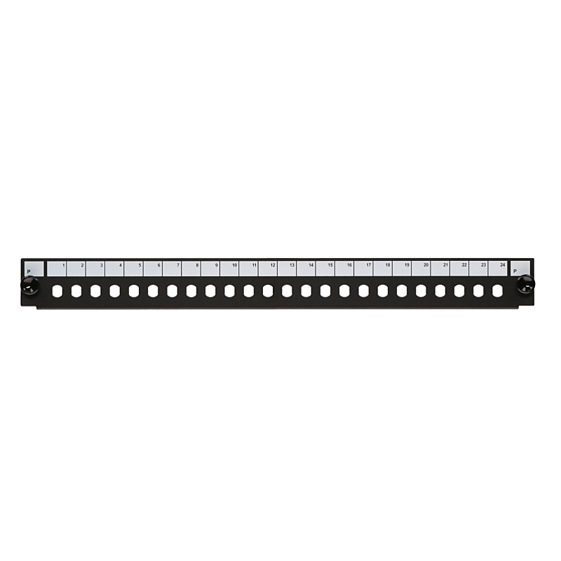 Painel frontal ST de 24 portas preto, adequado para bandeja de fibra universal.